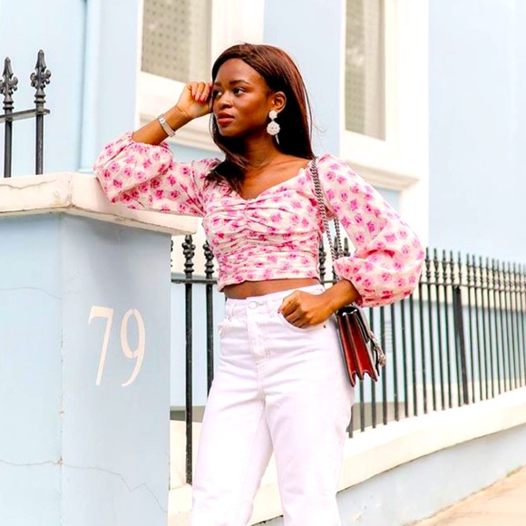 Zara Pink Floral Puff Sleeve Ruched Crop Top Size Small - Picture 1 of 4